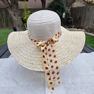 Wide Brimmed Floppy Packable Cream Sun Hat with Polka Dot Ribbon